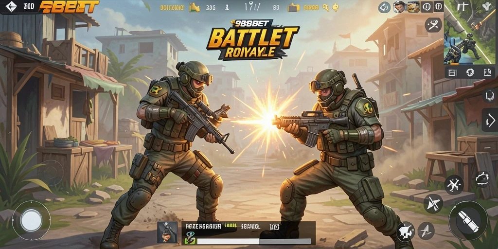 Screenshot utama 988BET menampilkan aksi mendebarkan gameplay Battle Royale.