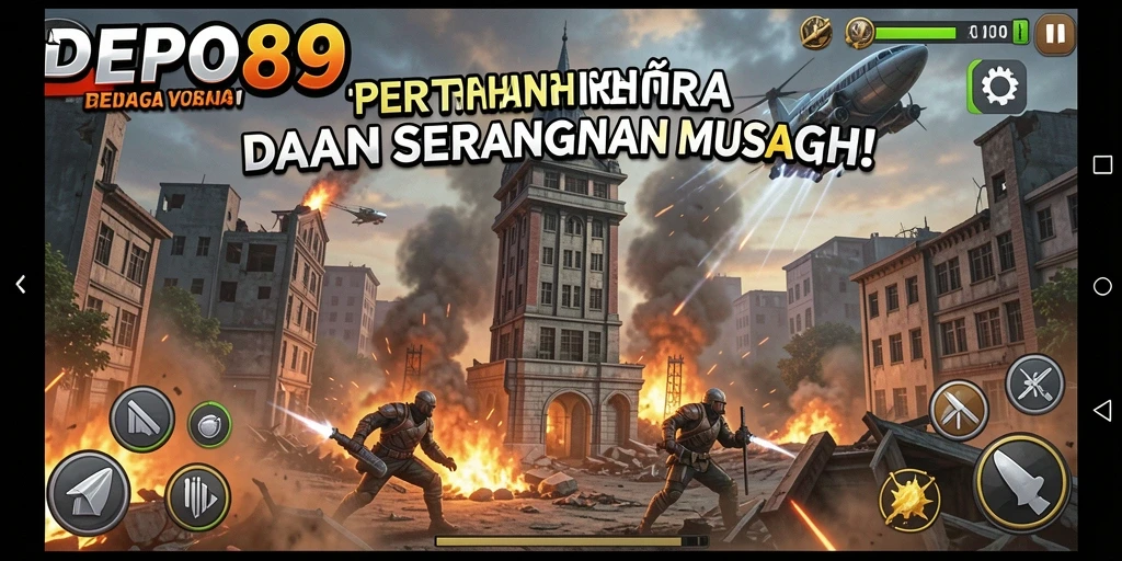 Tangkapan layar dari gameplay DEPO89 menampilkan menara yang berjuang melawan serangan musuh.