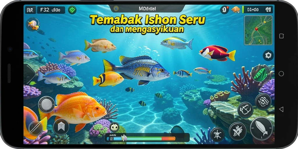 Gameplay F32 menampilkan aksi menembak ikan di lautan bawah yang menakjubkan.