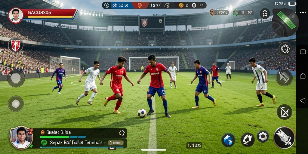 Screenshot dari gameplay nyata GACOR305 dengan aksi sepak bola seru.