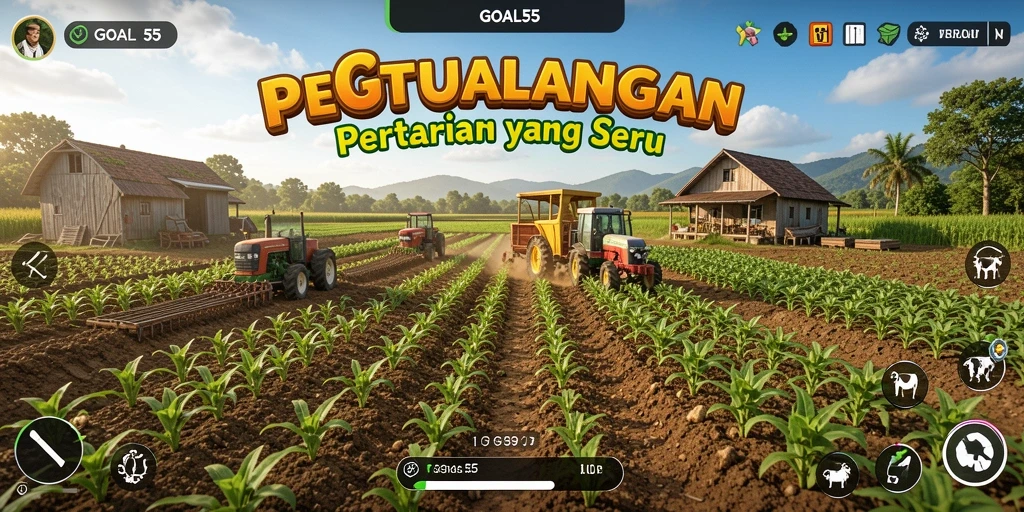 Screenshot gameplay GOAL55 menampilkan aktivitas pertanian yang seru.