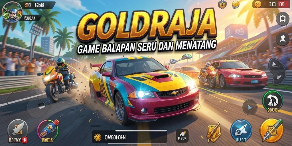Screenshot gameplay GOLDRAJA dengan aksi balapan yang mendebarkan.