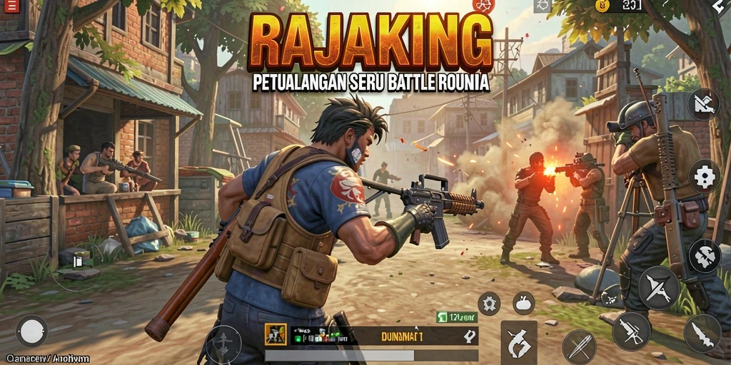 Gameplay intens di arena pertarungan RAJAKING dengan pemain bersenjata.
