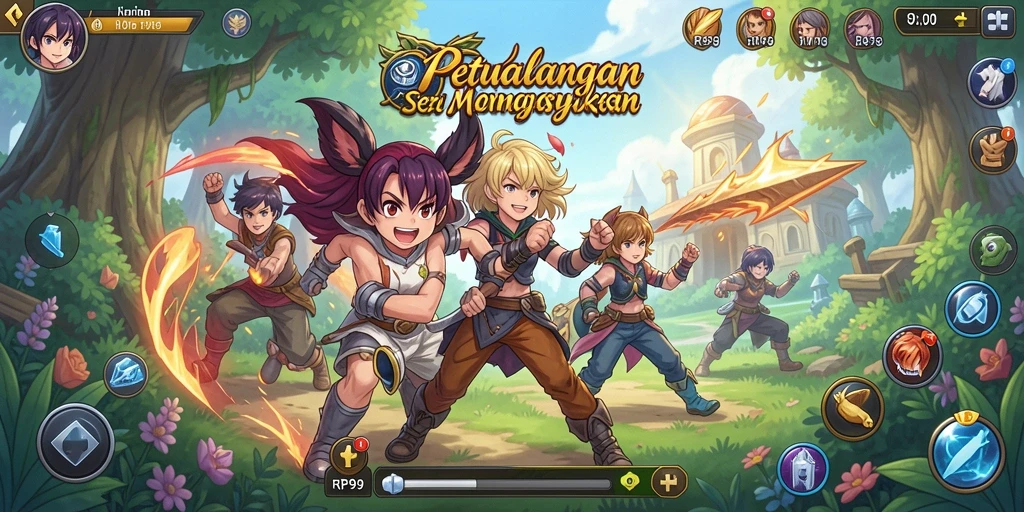 Tangkapan layar menunjukkan aksi seru dalam permainan anime RP99.